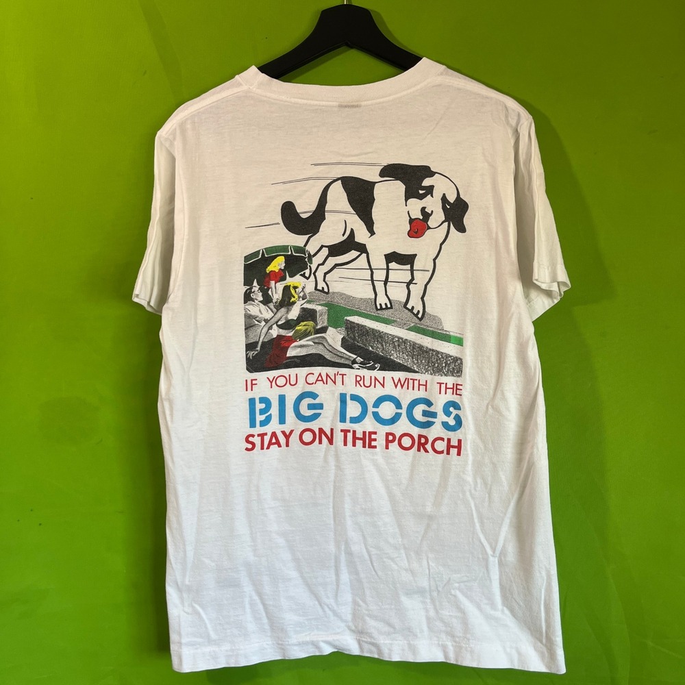 Vintage Big Dogs Stay On The Porch Graphic T-Shirt White Mens Medium 90s Tee